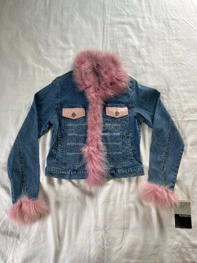 Playboy Vintage 90s Denim and Pink Fox Fur Playboy Bunny Jacket (NWT)